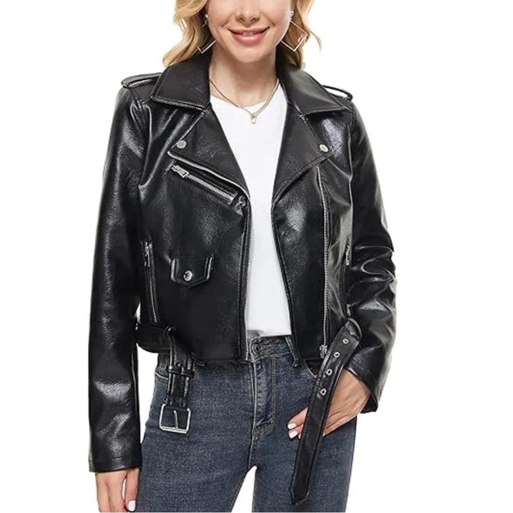 Fahsyee Faux Leather Cropped Moto Jacket